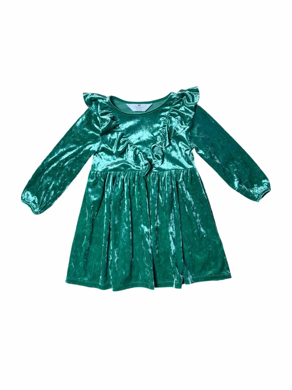 H&M Crushed Green Velvet Long Sleeve Dress Girls 3/4T